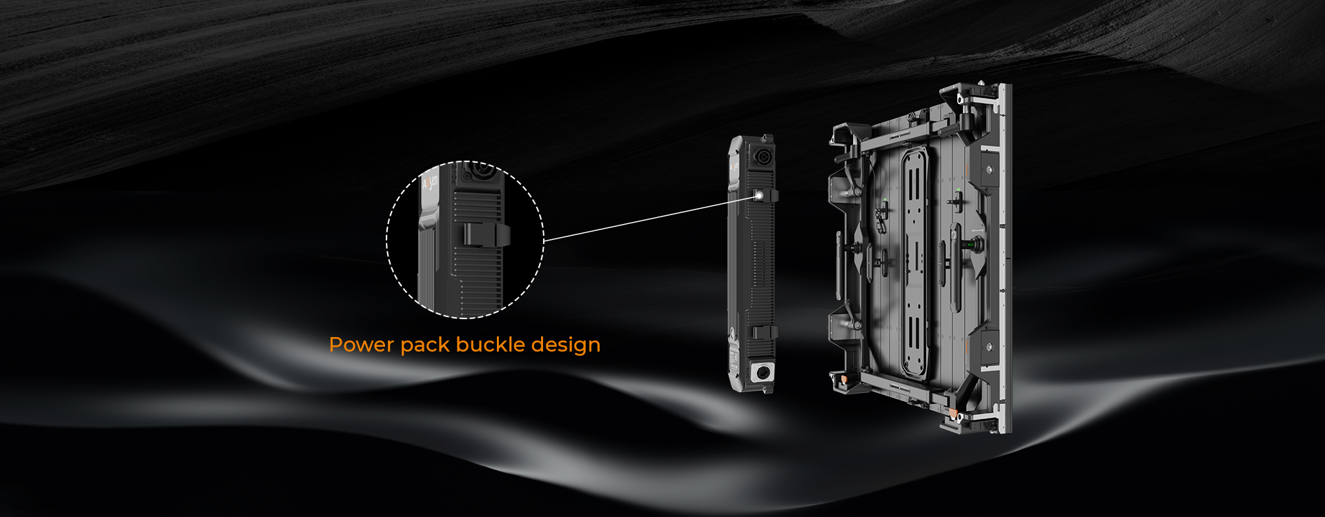 Quick-release buckles for removing the rear power box of an FL V2 Outdoor panel.