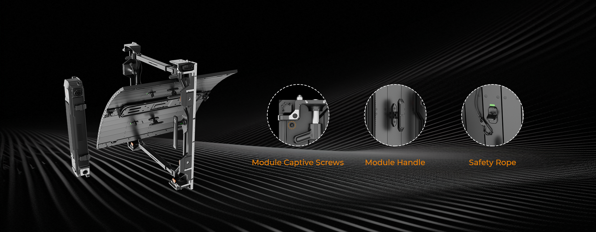 Captive screws, a module handle and safety rope for rear maintenance of an FL V2 Outdoor panel.