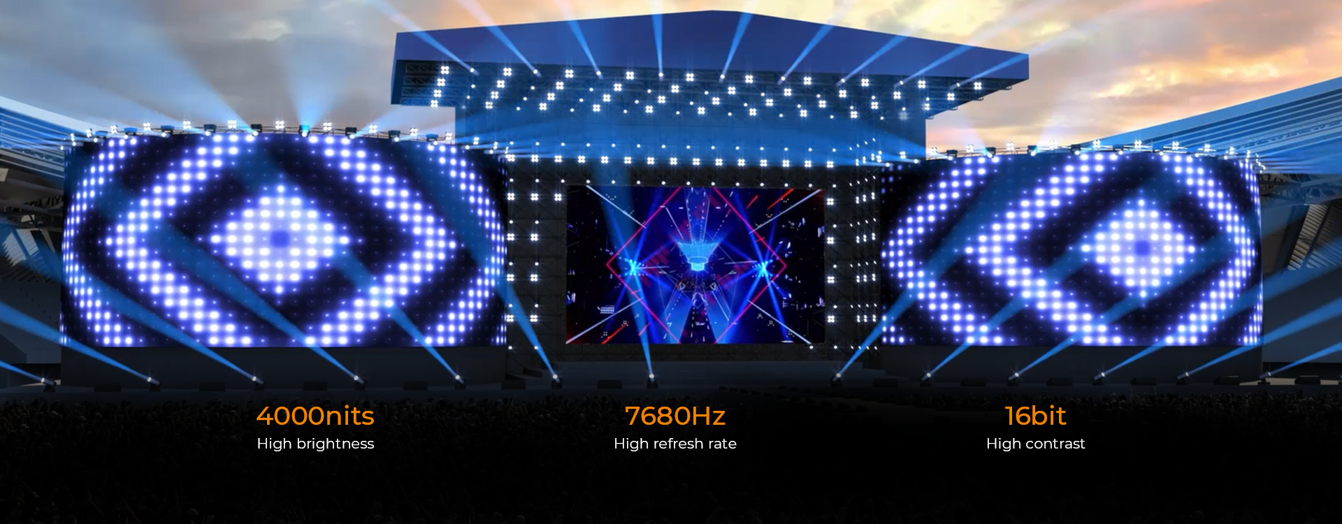 FL V2 Outdoor LED screens arranged around a concert stage.