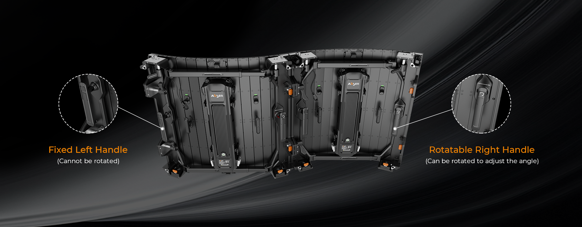 Fixed and rotatable rear handles on an FL V2 Outdoor LED panel.