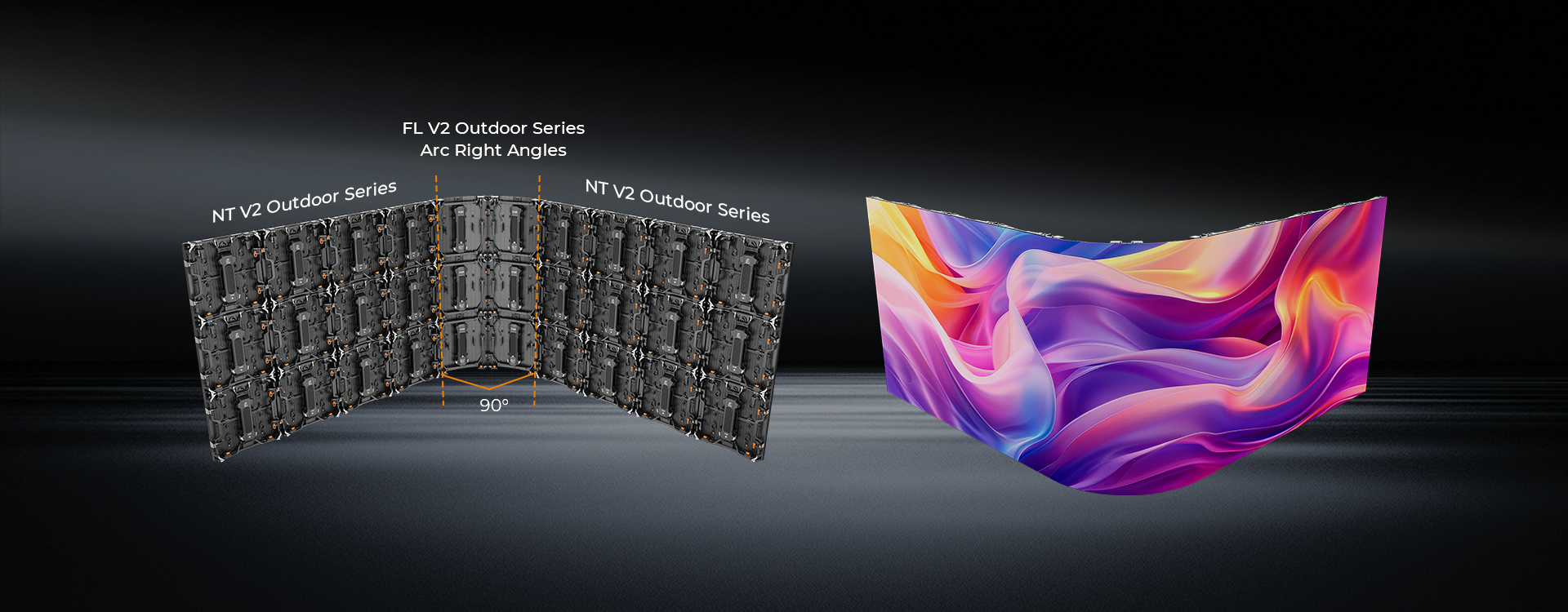 FL V2 Outdoor panels forming a 90-degree curved corner between flat LED screens.