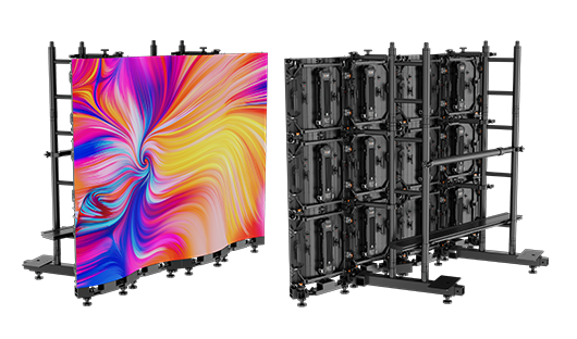 Front and rear views of an FL V2 Outdoor LED screen on a ground support frame.